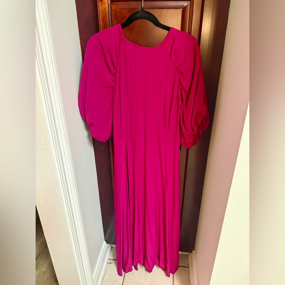 LIKE NEW: A New Day Fuchsia Pink Puffed Sleeve Midi Dress - Size XL
